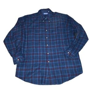 PENDLETON Sz L VINTAGE Blue Plaid Buffalo 100% Wool 70's Button Rodeo West Shirt